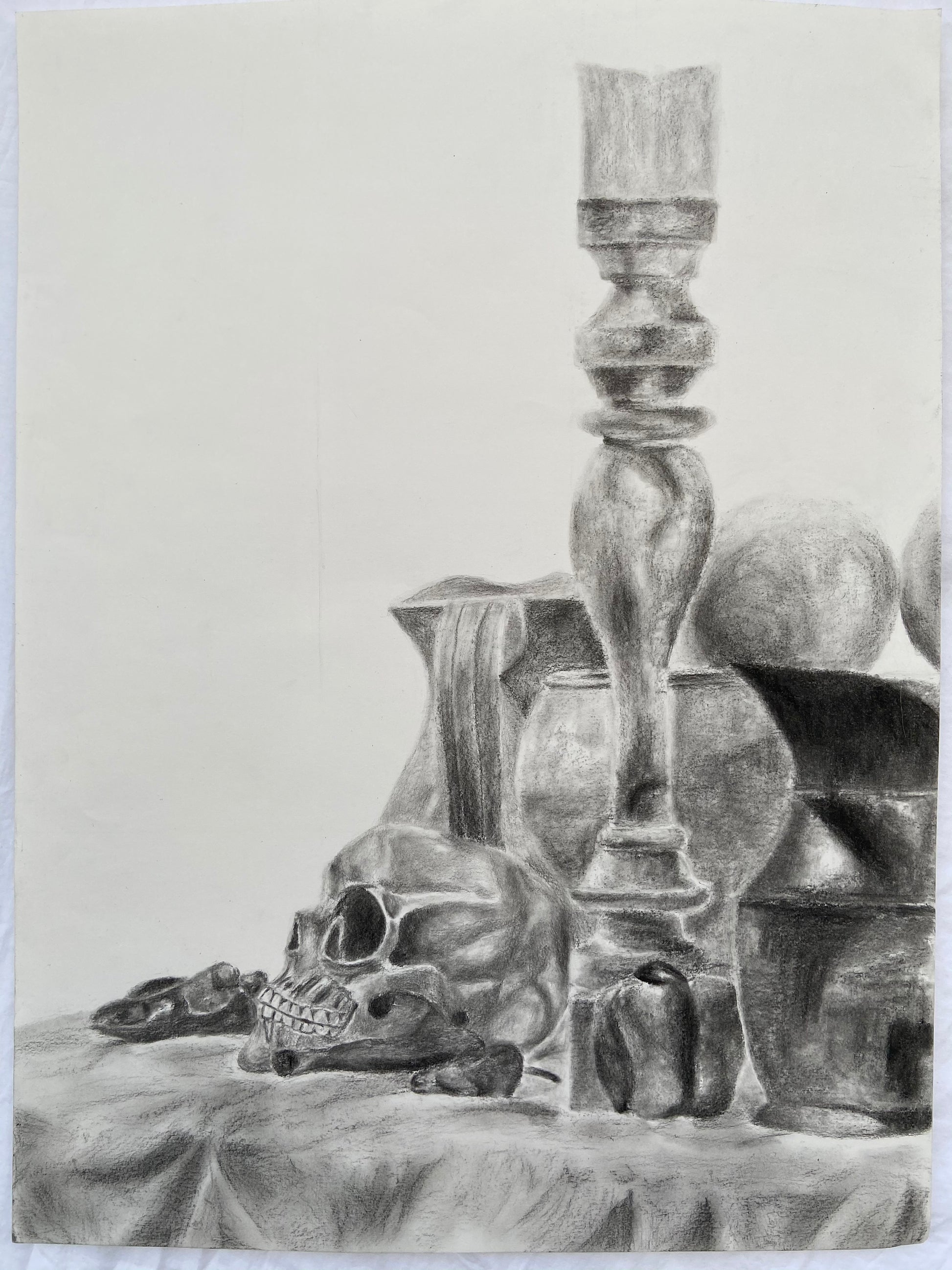 Still Life with Skull theme.  Made of charcoal on 18x24" paper 