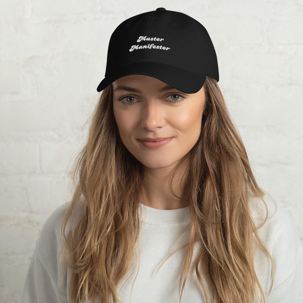 Black dad hat, 100% chino cotton twill, with Master Manifestor written