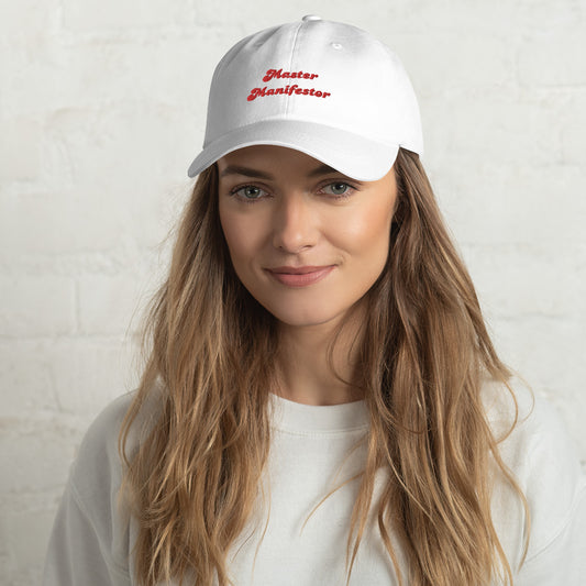 White dad hat, 100% chino cotton twill, with Master Manifestor written