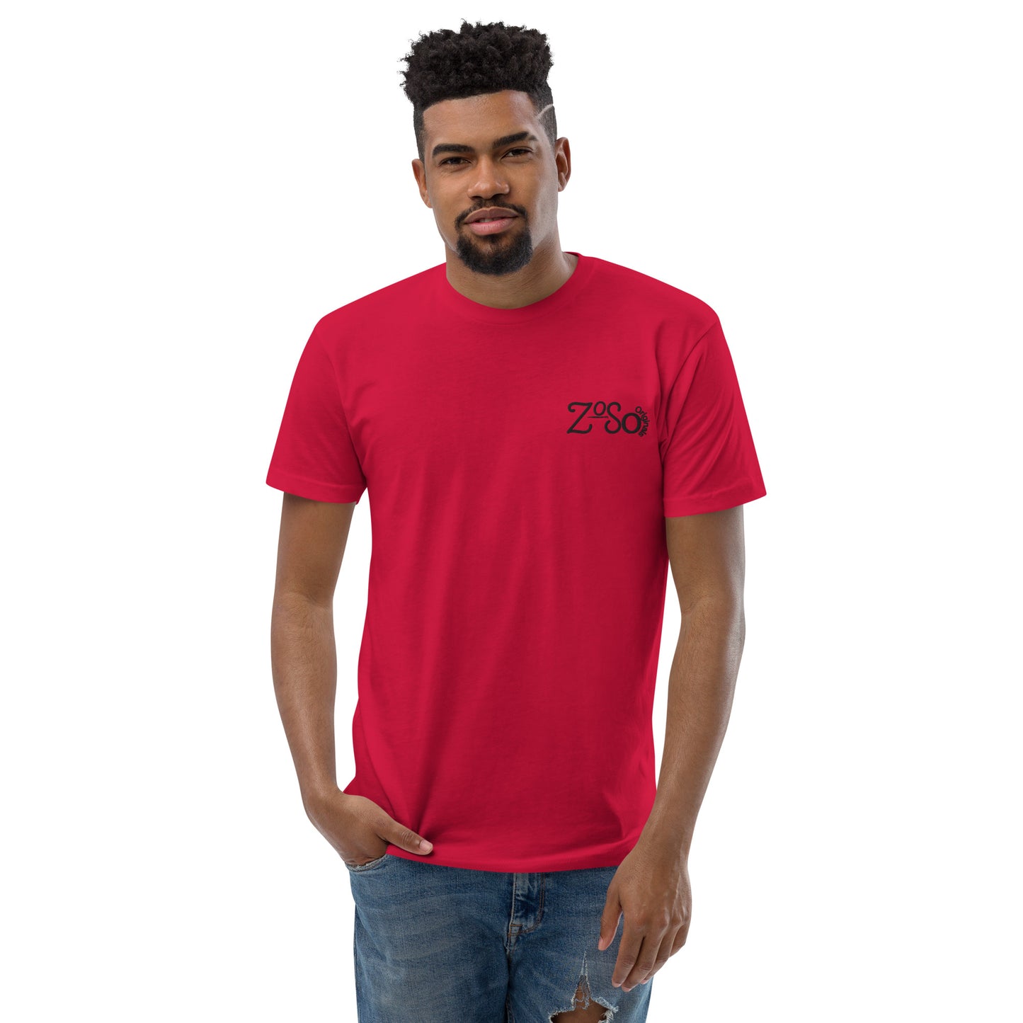 Men’s red short sleeve T-shirt with ZoSo logo