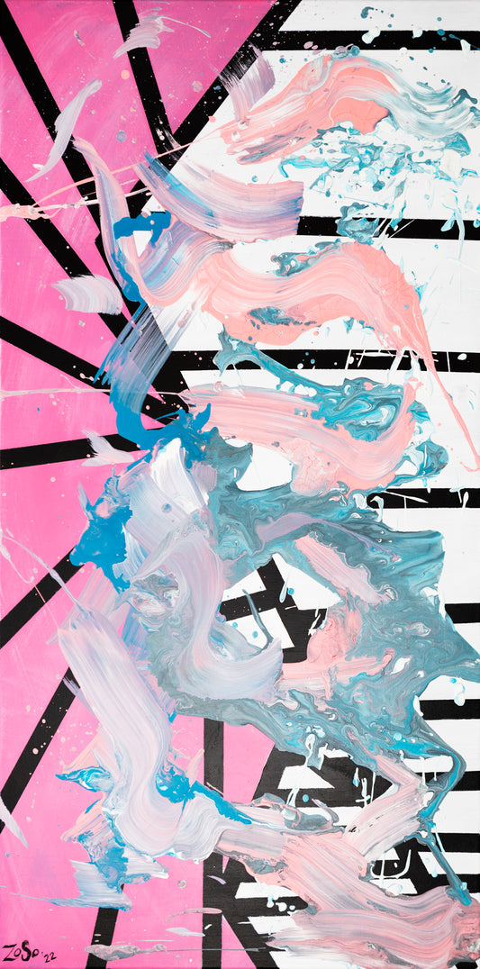 Rocket Man's Colors painting. 24x48" acrylic on canvas. Pink, white, black and blue