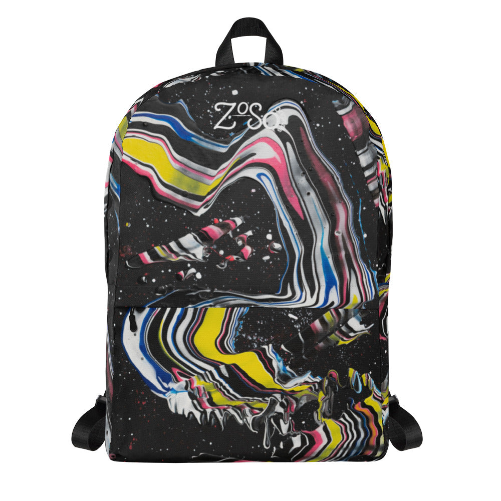 Melting Trip black backpack with pink, yellow, blue, and white colored designs