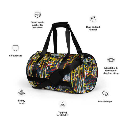 Manifest print gym bag. Barrel shape with padded handles