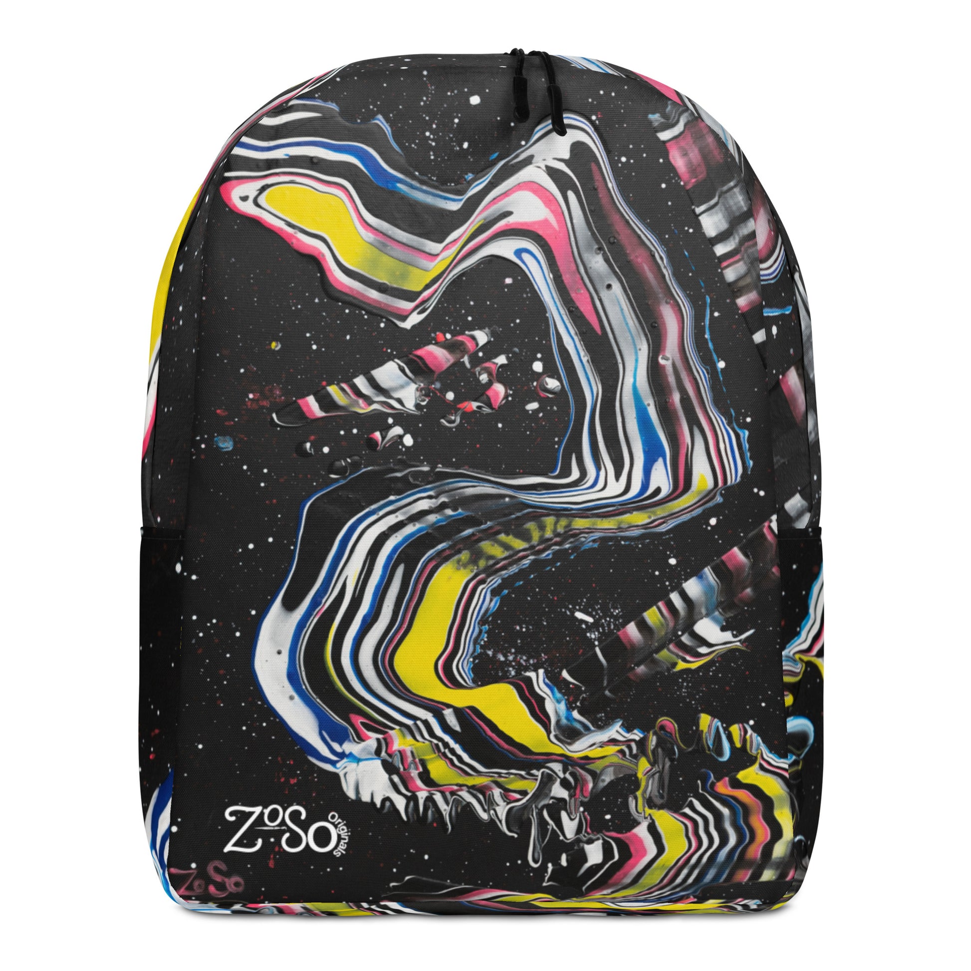 Minimalist theme black backpack with yellow, pink, white, and blue