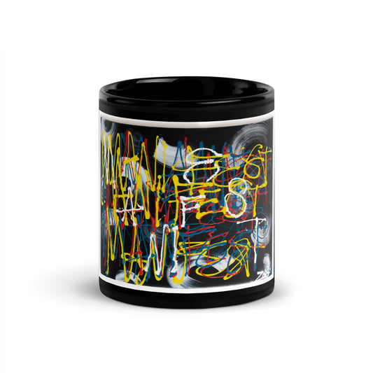 Manifest Black Glossy Mug with yellow, red, white, and other colors