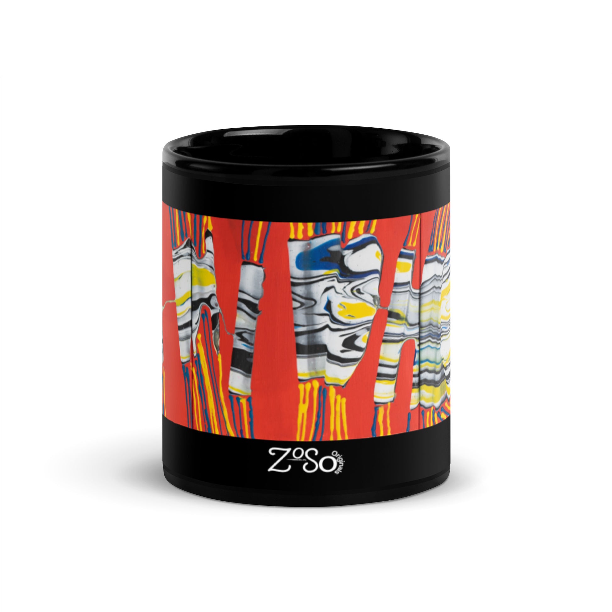 Broken & Strung Out Black Glossy Mug with red, yellow, white, and blue designs