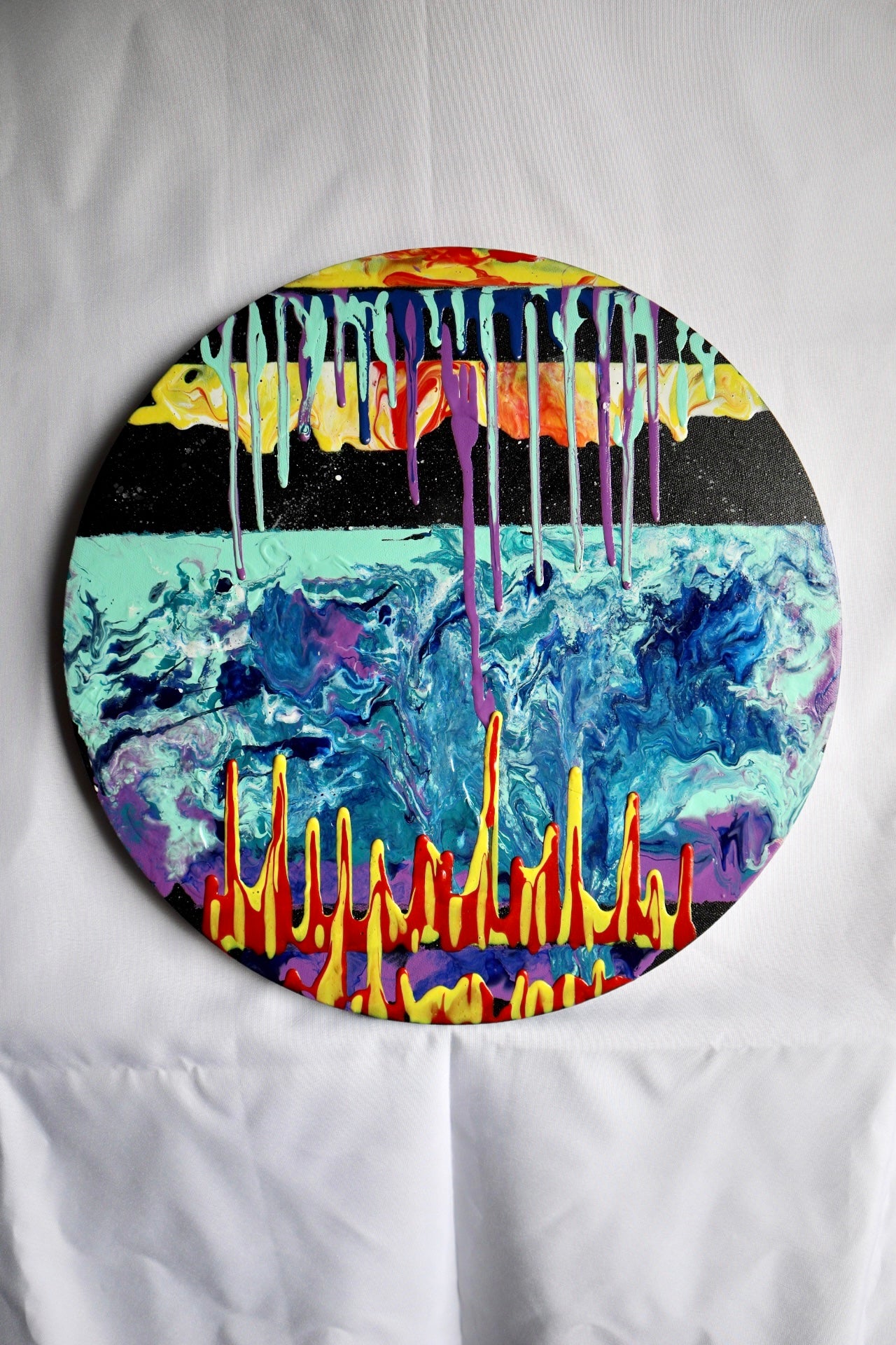 Acrylic on a 16” Diameter round canvas. The concept is “as above so below” 