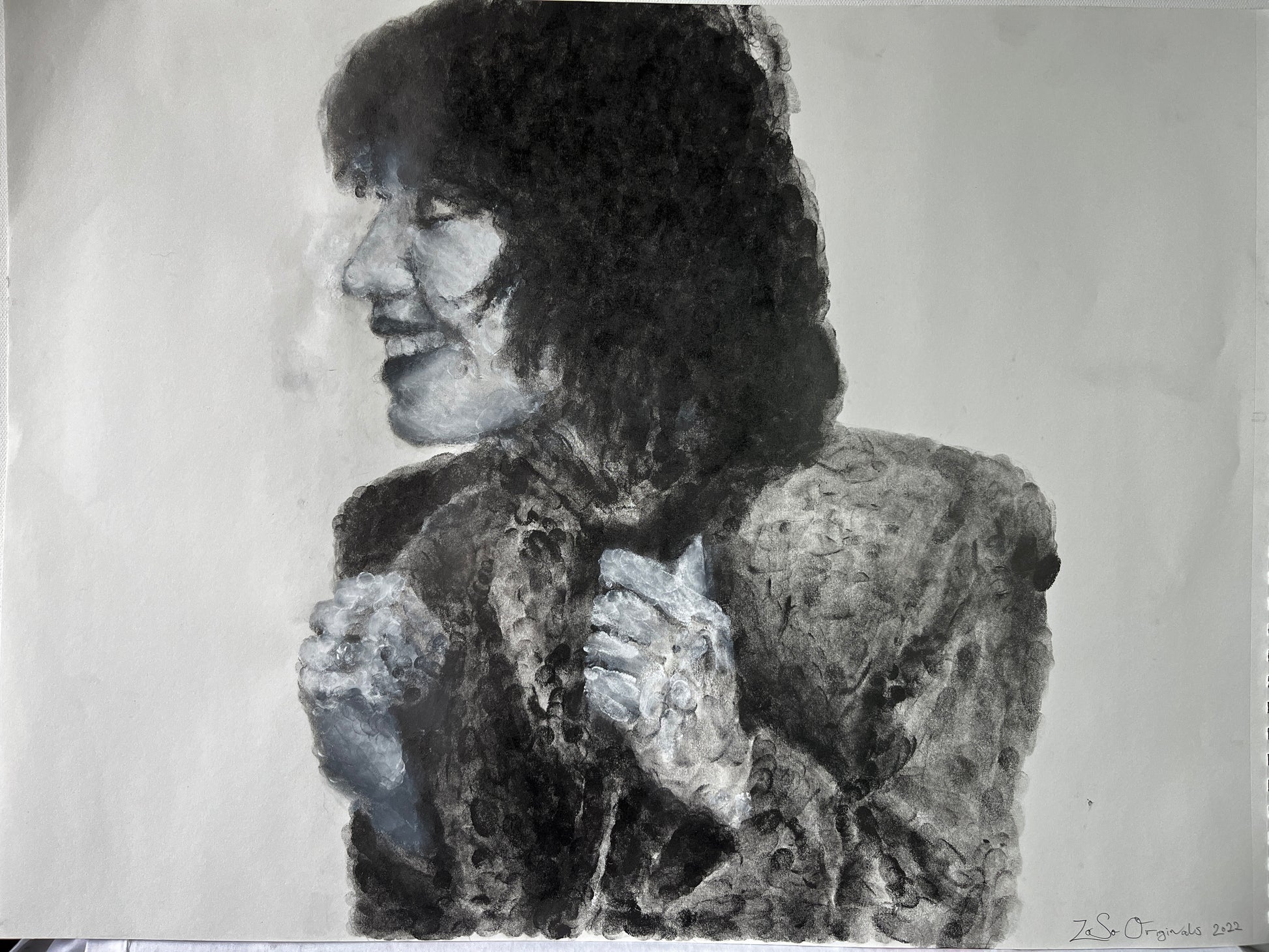 Joan Jett black and white fingerprints painting on 18x24” paper 